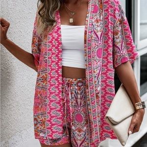 Pink open kimono and short set. Size xl. Worn once, excellent condition.
